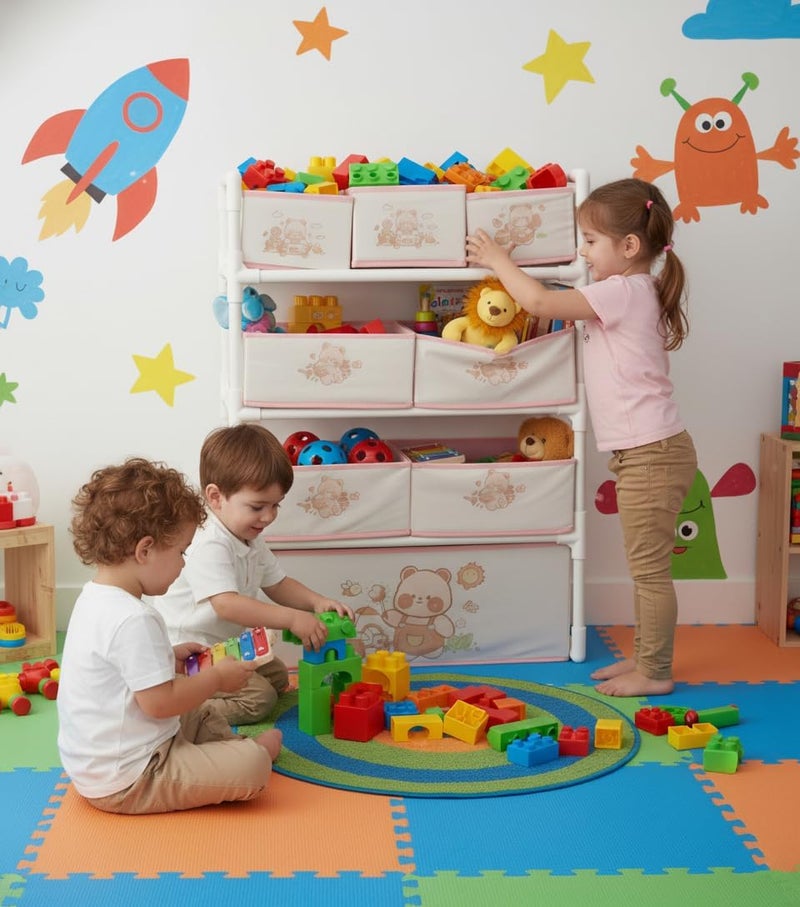 Bentifar Kids Toy Storage Organizer, 4-Tier Shelf with 8 Fabric Bins & XL Bottom Chest, Cute Bear Design for Nursery and Playroom, Removable Foldable Baskets, Child-Safe Plastic Frame, Easy Assembly - Image 1