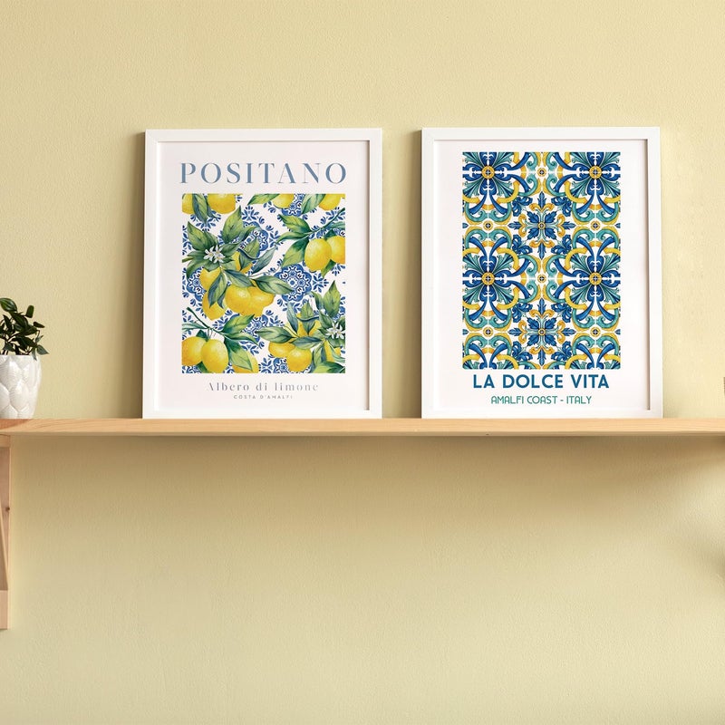 JXREQ Blue Chinoiserie Lemon Italian Mediterranean Wall Art Decor for Home Kitchen Living Room Dining Room, Lemon Italy Wall Art Posters Set of 4, 8x10 Inch Unframed - Image 5