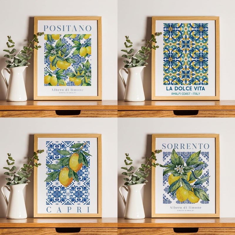 JXREQ Blue Chinoiserie Lemon Italian Mediterranean Wall Art Decor for Home Kitchen Living Room Dining Room, Lemon Italy Wall Art Posters Set of 4, 8x10 Inch Unframed - Image 4