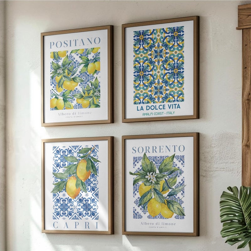 JXREQ Blue Chinoiserie Lemon Italian Mediterranean Wall Art Decor for Home Kitchen Living Room Dining Room, Lemon Italy Wall Art Posters Set of 4, 8x10 Inch Unframed - Image 3