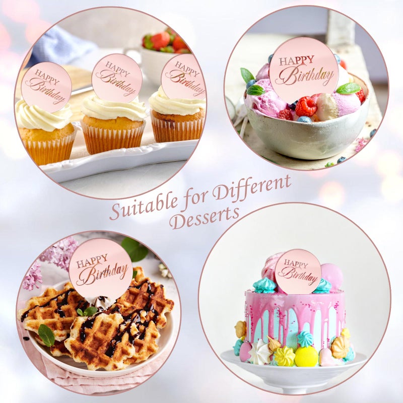 Wolpark 20pcs Pink Mirror Acrylic Cupcake Toppers Acrylic Engraved Cake Picks Cupcake Disc Happy Birthday Cake Decoration Flower Decor Round Shape for Mother's Day Princess Theme Party Supplies - Image 4