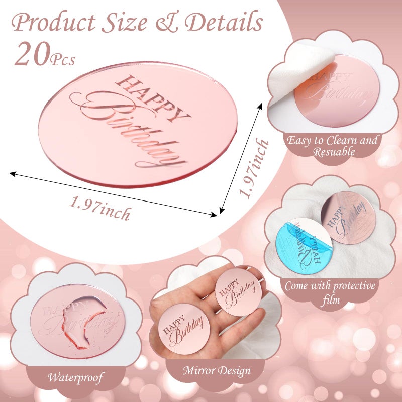 Wolpark 20pcs Pink Mirror Acrylic Cupcake Toppers Acrylic Engraved Cake Picks Cupcake Disc Happy Birthday Cake Decoration Flower Decor Round Shape for Mother's Day Princess Theme Party Supplies - Image 2