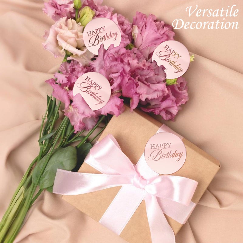 Wolpark 20pcs Pink Mirror Acrylic Cupcake Toppers Acrylic Engraved Cake Picks Cupcake Disc Happy Birthday Cake Decoration Flower Decor Round Shape for Mother's Day Princess Theme Party Supplies - Image 5