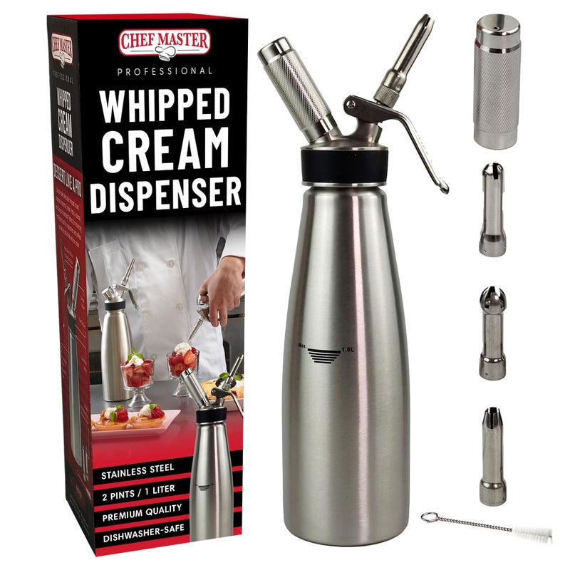 Chef-Master Chef Master 2 Pint 1 Liter Stainless Steel Whipped Cream Dispenser Decorating Tips for Desserts Latte Cleaning Brush Whip Cream Dispenser Canister for Home Bakery or Restaurant 90079 - Image 2