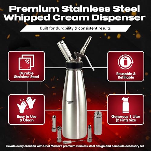 Chef-Master Chef Master 2 Pint 1 Liter Stainless Steel Whipped Cream Dispenser Decorating Tips for Desserts Latte Cleaning Brush Whip Cream Dispenser Canister for Home Bakery or Restaurant 90079 - Image 3