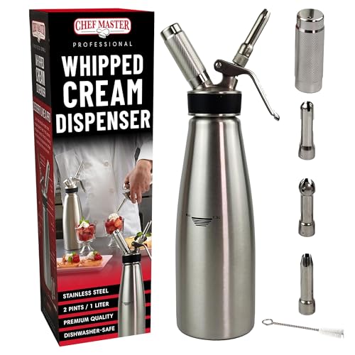 Chef-Master Chef Master 2 Pint 1 Liter Stainless Steel Whipped Cream Dispenser Decorating Tips for Desserts Latte Cleaning Brush Whip Cream Dispenser Canister for Home Bakery or Restaurant 90079 - Image 1