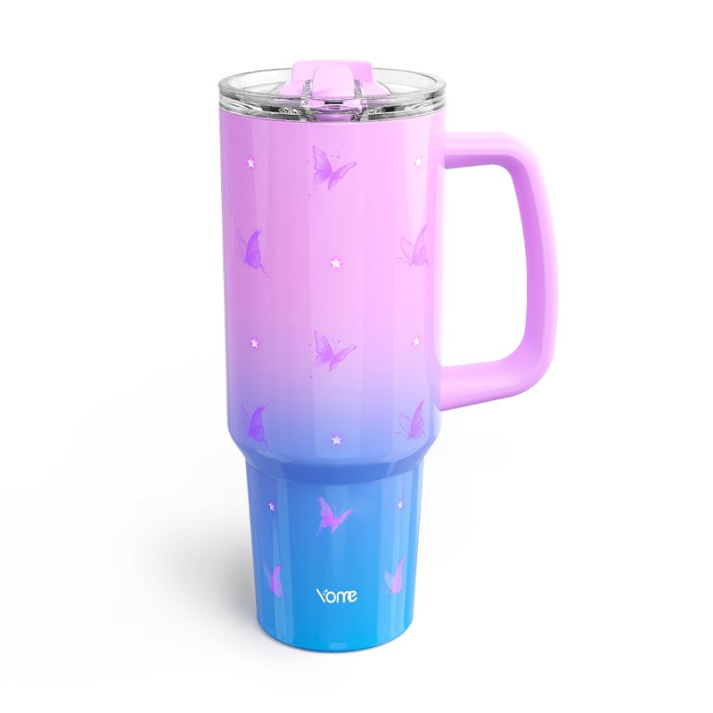 YOME 40 oz Butterfly Tumbler with Handle and Flip Straw for Women | Stainless Steel Insulated Water Bottle | Keeps Drinks Cold | Dishwasher Safe | Cupholder Friendly | Gift Gym Travel Yoga - Image 1