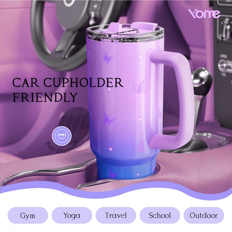 YOME 40 oz Butterfly Tumbler with Handle and Flip Straw for Women | Stainless Steel Insulated Water Bottle | Keeps Drinks Cold | Dishwasher Safe | Cupholder Friendly | Gift Gym Travel Yoga - Image 3