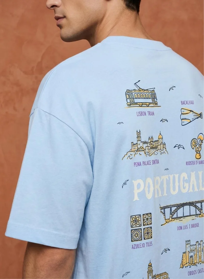 NOBERO Powder Blue Men Oversized Graphic Printed T-shirt for Men | Best Price UAE
