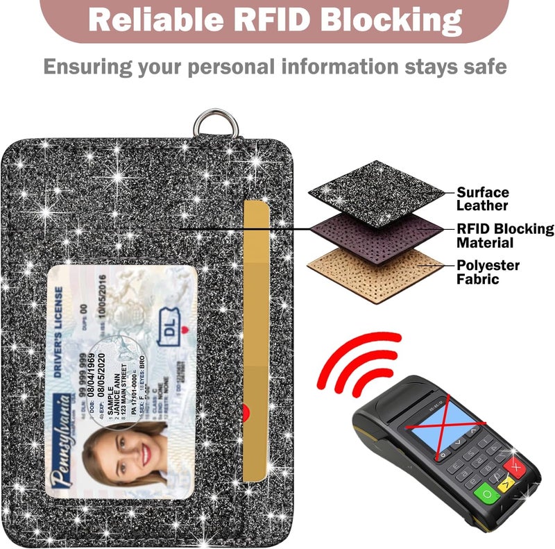 Hot Cool Card Holder Keychian and Lanyard Wallet Front Pocket Minimalist Travel Cute Funny Thin Leather With RFID Blocking Small Credit Card Holder Wallet for Men & Women Girls Organizer Gifts, Glitter Black - Image 5