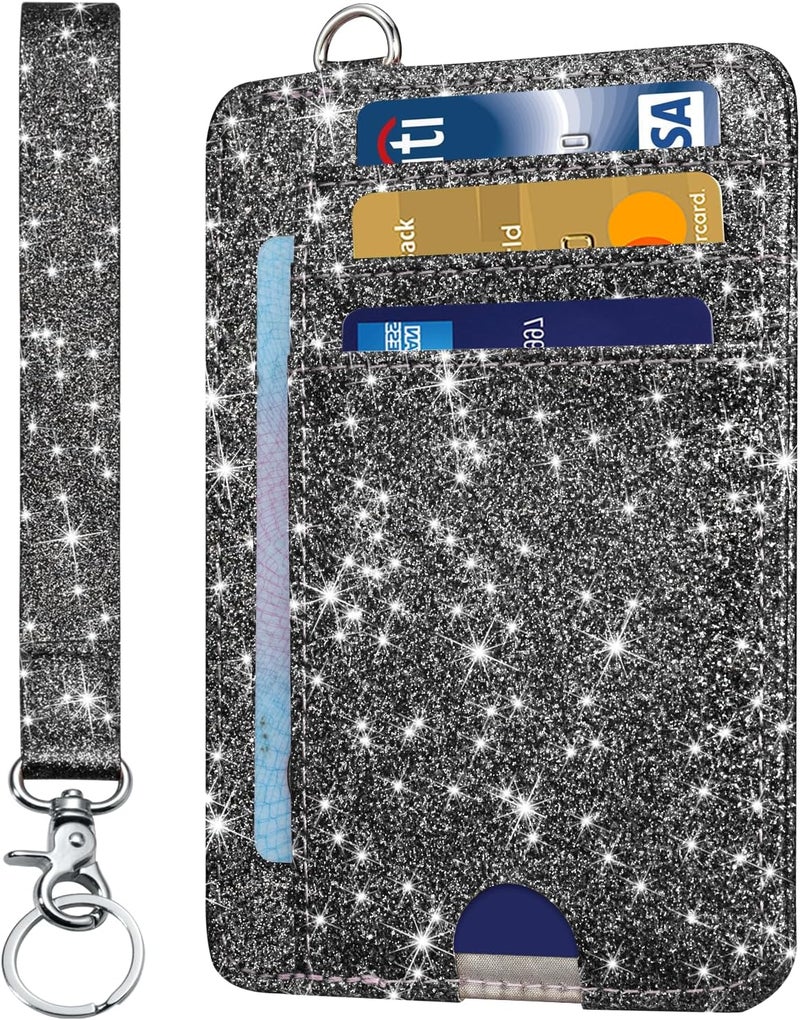 Hot Cool Card Holder Keychian and Lanyard Wallet Front Pocket Minimalist Travel Cute Funny Thin Leather With RFID Blocking Small Credit Card Holder Wallet for Men & Women Girls Organizer Gifts, Glitter Black - Image 1