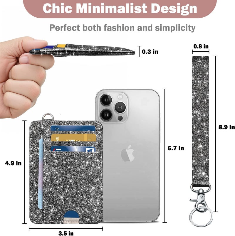 Hot Cool Card Holder Keychian and Lanyard Wallet Front Pocket Minimalist Travel Cute Funny Thin Leather With RFID Blocking Small Credit Card Holder Wallet for Men & Women Girls Organizer Gifts, Glitter Black - Image 4