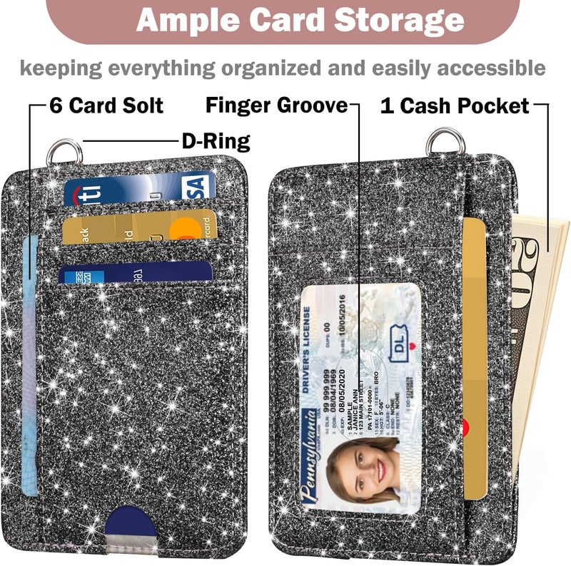 Hot Cool Card Holder Keychian and Lanyard Wallet Front Pocket Minimalist Travel Cute Funny Thin Leather With RFID Blocking Small Credit Card Holder Wallet for Men & Women Girls Organizer Gifts, Glitter Black - Image 3