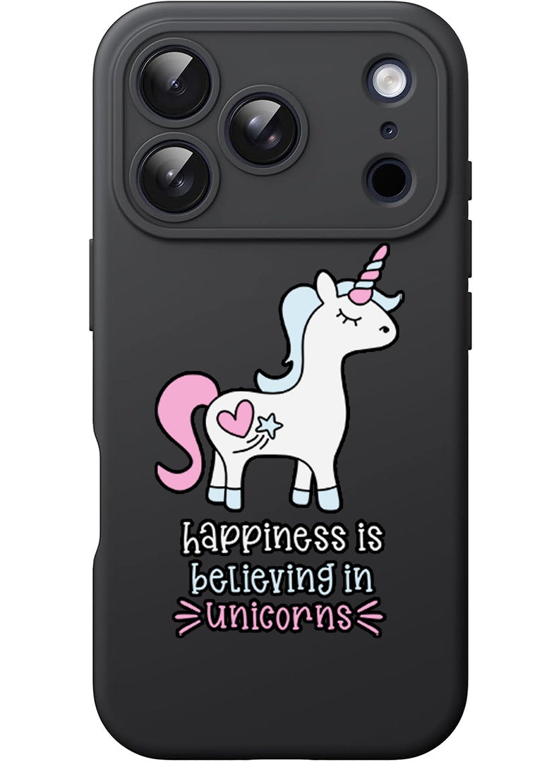 Theodor Protective Slim Fit Case Liquid Silicone Cover with Full Body Protection Anti-Scratch Shockproof Case For Apple iPhone 17 Pro Max (Black) Happiness is believing in Unicorns - Image 1