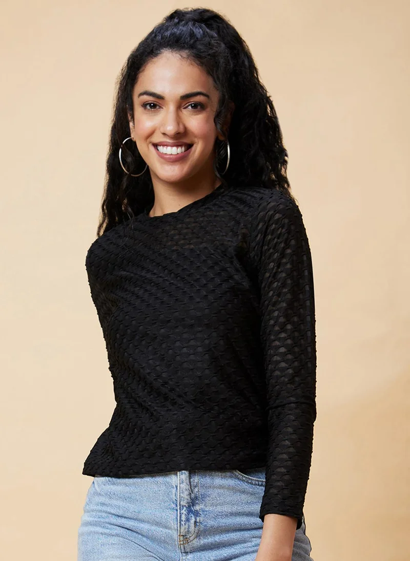 globus Globus Women Black Self Design Semi Sheer Long Sleeve Top