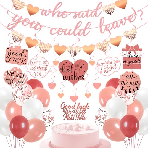 Freesdai Rose and Gold Goodbye Party Decorations for Coworker - Farewell Decor Balloons & "Who Said You Could Leave" Banner & Hanging Swirls & Cupcake Topper Going Away Supplies - Image 1