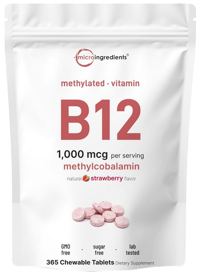 Micro Ingredients Vitamin B12 1,000mcg | Methyl B12 Active Form | 365 Chewable Tablets | Fast Dissolve, Natural Strawberry Flavor | Supports Energy Health | Vegan, Non-GMO, Gluten Free
