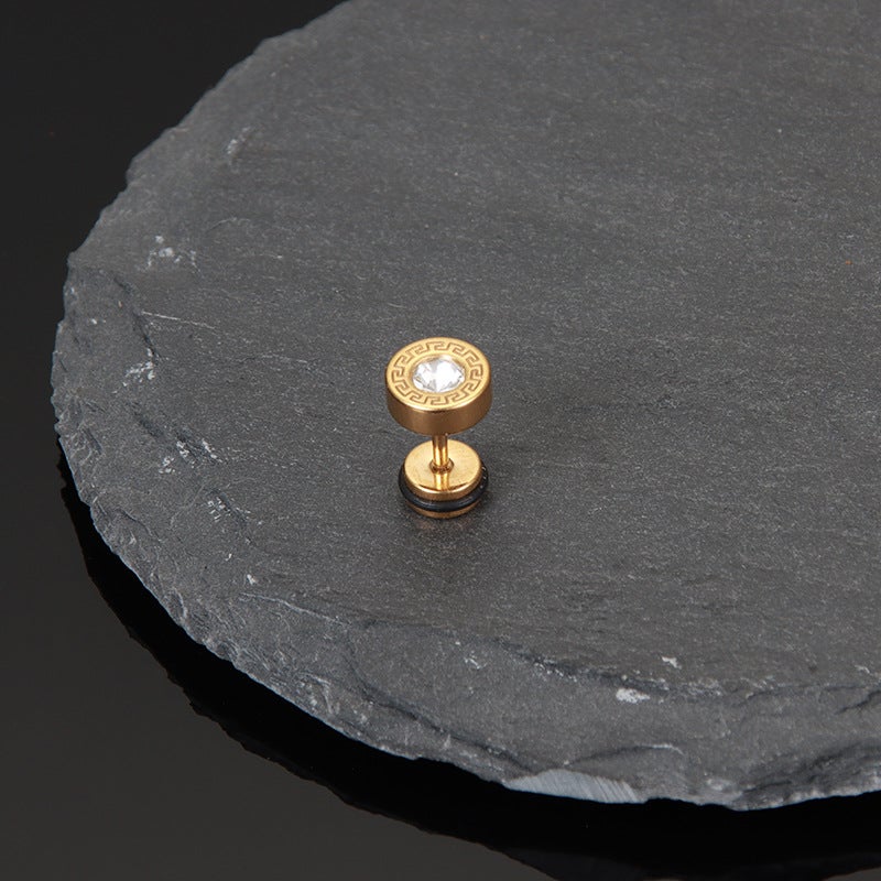 Retro Vinyl Great Wall Pattern Titanium Stud Earrings for Men Golden Great Wall Earrings, 1 