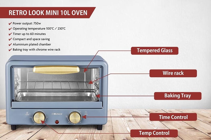 Belaco BTO-1010L Retro look Mini 10L Toaster Oven Tabletop Cooking Baking Portable Oven 750w 60 min Timer 100-230° Stainless Steel Heating Tube incl. Baking Tray & Wire Rack - Image 4