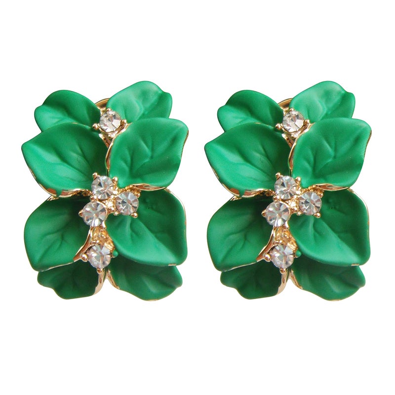 Navachi 18k Gold Plated Clear Crystal Green Enamel Leaves Flower Omega Earrings - Image 1