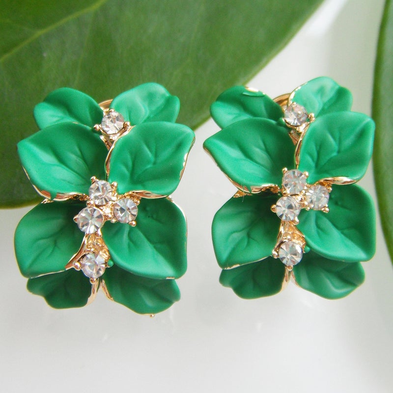 Navachi 18k Gold Plated Clear Crystal Green Enamel Leaves Flower Omega Earrings - Image 4