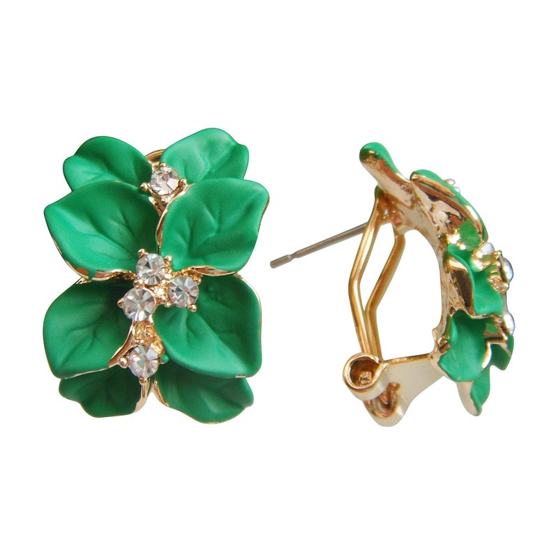 Navachi 18k Gold Plated Clear Crystal Green Enamel Leaves Flower Omega Earrings - Image 3