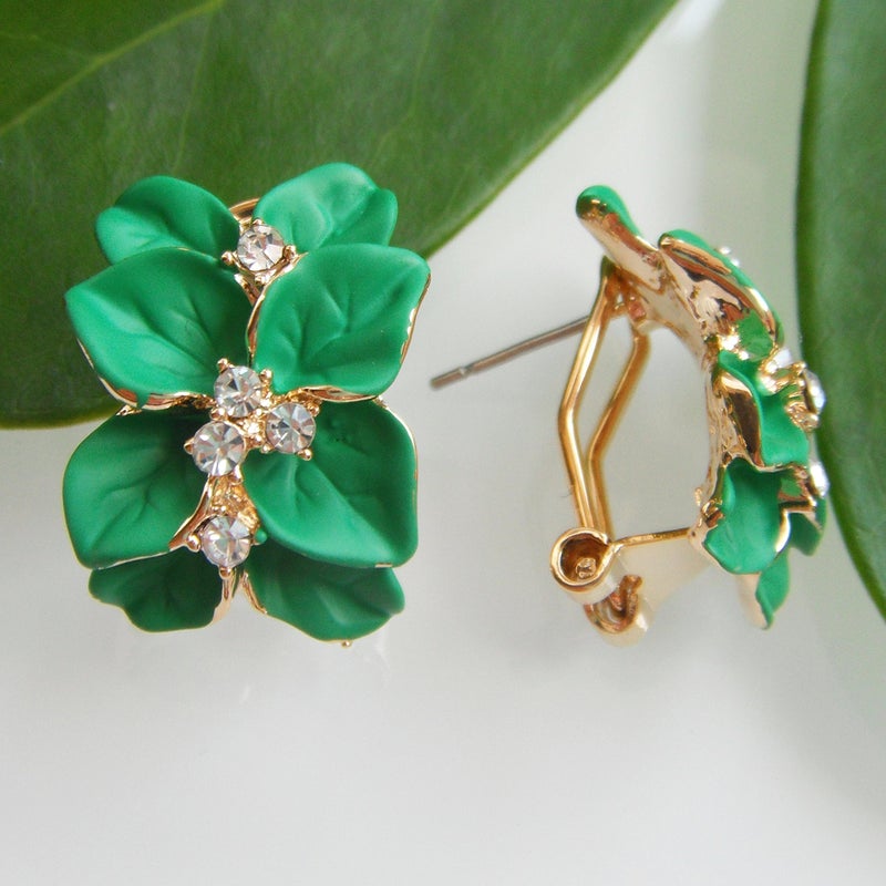 Navachi 18k Gold Plated Clear Crystal Green Enamel Leaves Flower Omega Earrings - Image 5