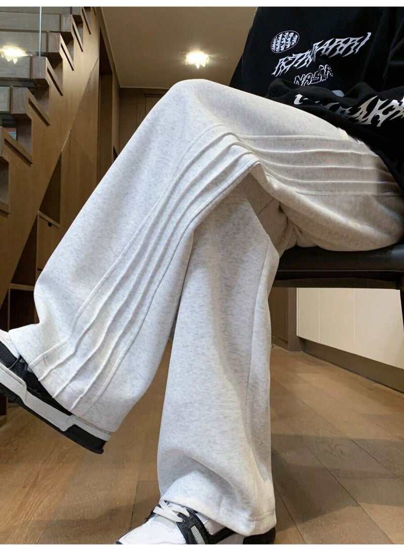 بنطال رياضي رجالي رمادي فاتح مطوي واسع الساق، مناسب للارتداء اليومي، مزود برباط - Image 1