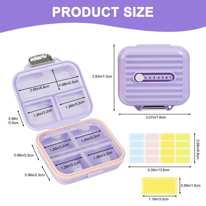 Goffing Travel Pill Organizer Box with Labels, 7 Compartments Portable Mini Pill Case, Daily Medication Organizer Storage Pill Container for Pocket Pharmacy(Purple, S) - Image 2