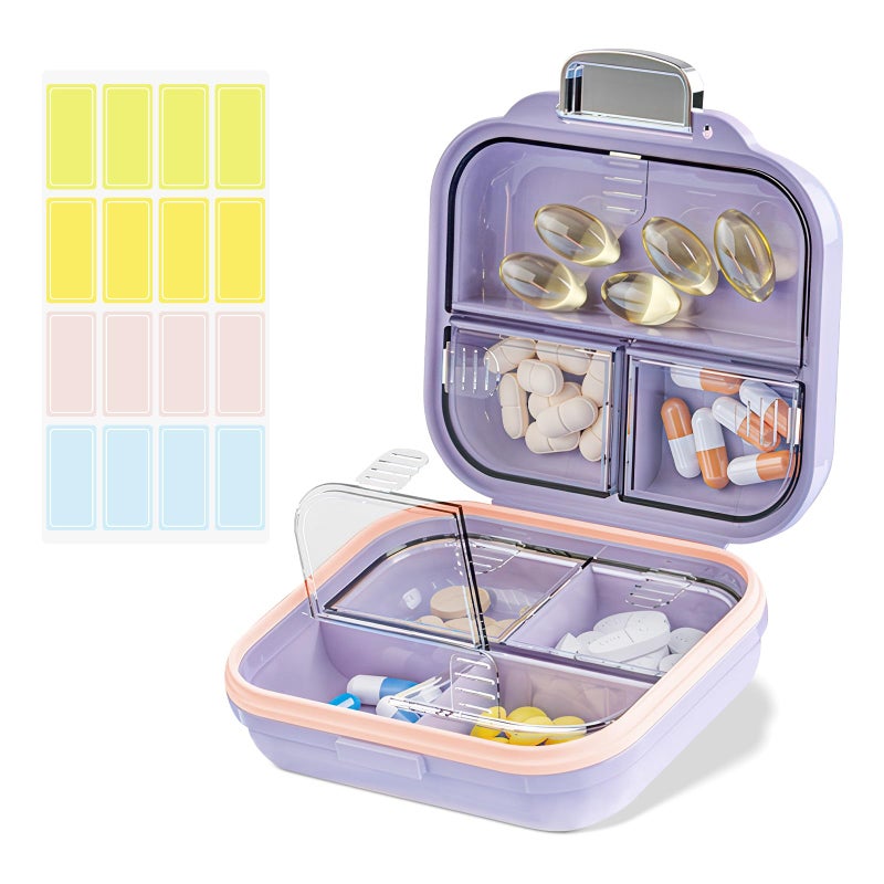 Goffing Travel Pill Organizer Box with Labels, 7 Compartments Portable Mini Pill Case, Daily Medication Organizer Storage Pill Container for Pocket Pharmacy(Purple, S) - Image 1