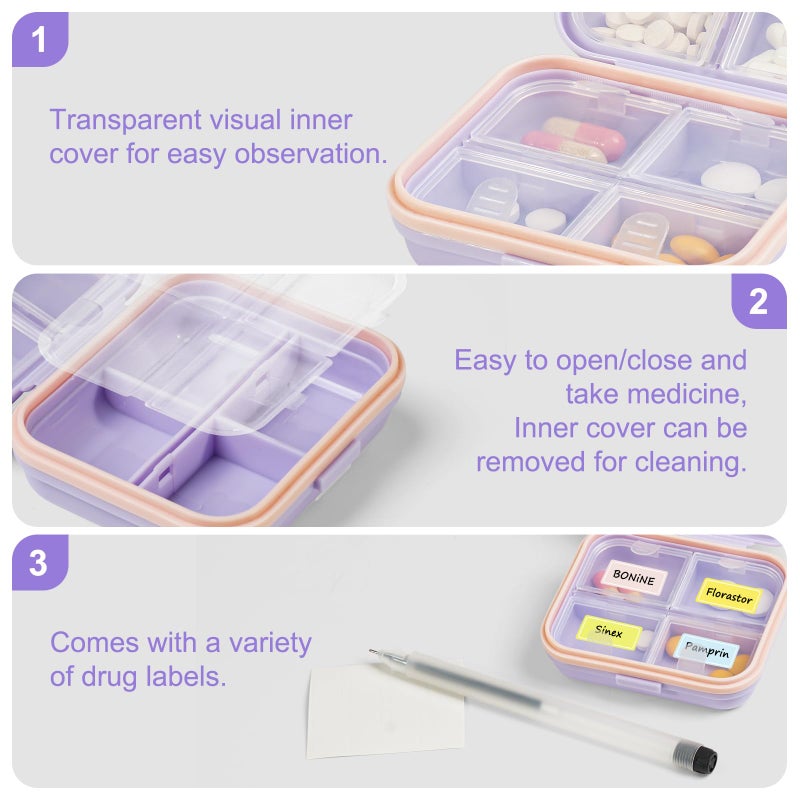 Goffing Travel Pill Organizer Box with Labels, 7 Compartments Portable Mini Pill Case, Daily Medication Organizer Storage Pill Container for Pocket Pharmacy(Purple, S) - Image 4