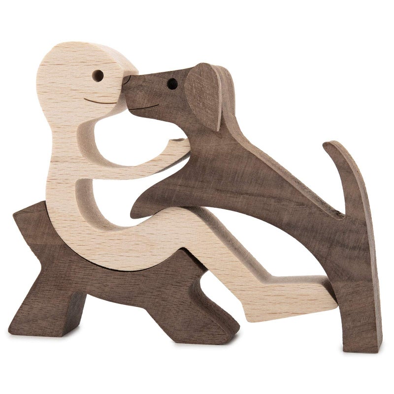 ISHINE Handmade Wood Decor Sculptures  Sitting Man and Dog Statue  Carved Creative Home Office Gift Decoration Natural ECO Friendly - Image 1