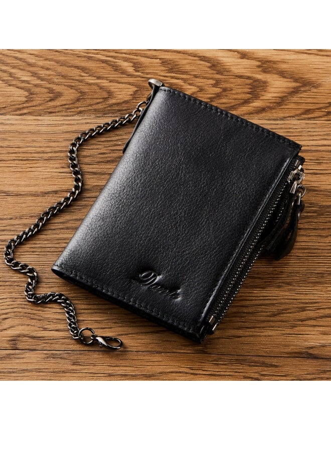 Dante Cowhide RFID Anti-theft Card Swiping Wallet, Driver's License Chain Zipper Coin Purse, Black (First Layer of Cowhide) - Image 1