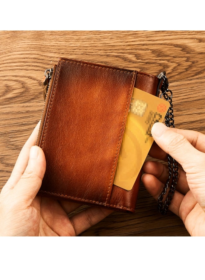 Dante Cowhide RFID Anti-theft Card Swiping Wallet, Driver's License Chain Zipper Coin Purse, Black (First Layer of Cowhide) - Image 5