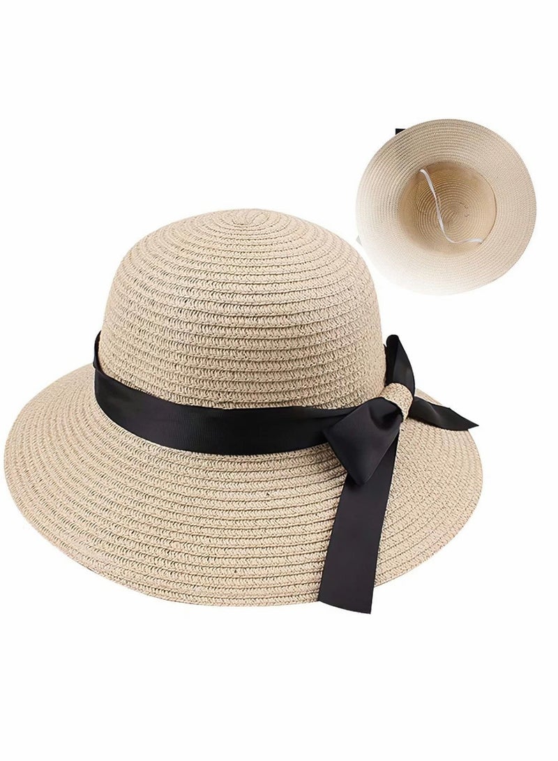 Y&D Straw Sun Hat for Women, Girls Cute Summer Beach Cap Foldable Visor Floppy Wide Brim with Bowknot, Strap Adjustable  - Image 1