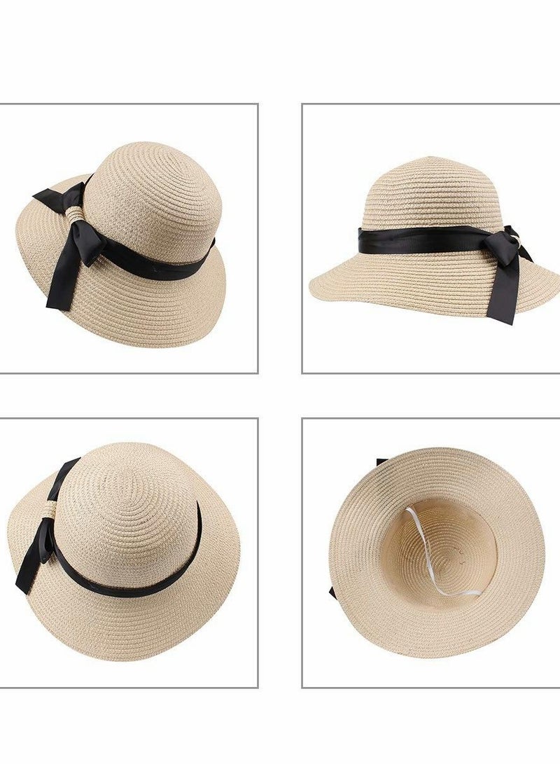 Y&D Straw Sun Hat for Women, Girls Cute Summer Beach Cap Foldable Visor Floppy Wide Brim with Bowknot, Strap Adjustable  - Image 2