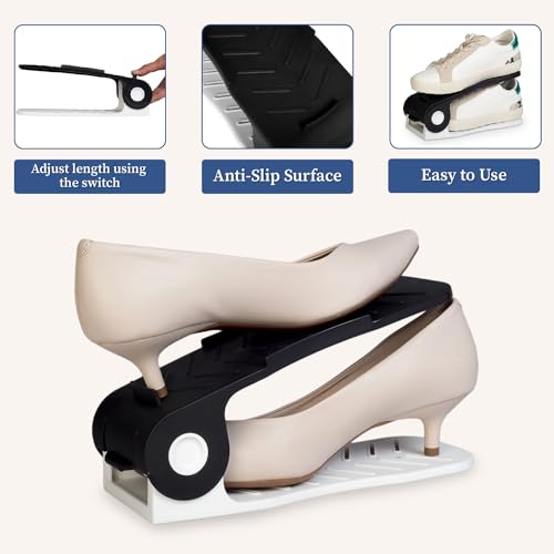 HomeStrap Plastic Shoe Organizer Slot (Pack Of 12) (Black/White)| Adjustable | Space Saver | Double Deck Shoes Storage Holder For Rack And Shelf, 25X10X12 Cm - Image 4