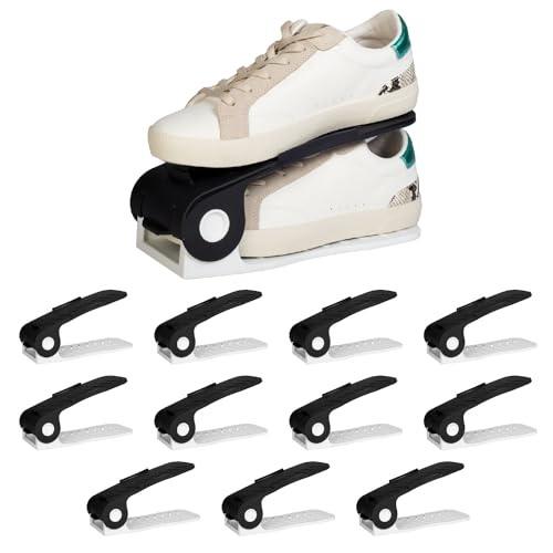 HomeStrap Plastic Shoe Organizer Slot (Pack Of 12) (Black/White)| Adjustable | Space Saver | Double Deck Shoes Storage Holder For Rack And Shelf, 25X10X12 Cm - Image 1