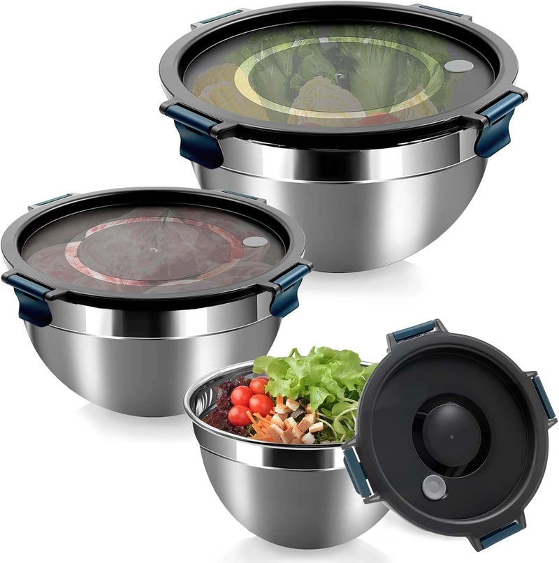Azonee Mixing Bowls Set of 3, with Airtight Clear Lids, Thicker Stainless Steel Nesting Bowls for Cooking, Prepping, Baking, Serving, Food Storage, 5000ml, 3000ml, 1500ml - Image 1