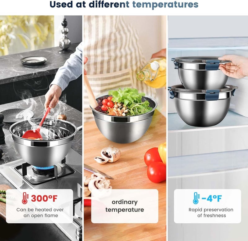 Azonee Mixing Bowls Set of 3, with Airtight Clear Lids, Thicker Stainless Steel Nesting Bowls for Cooking, Prepping, Baking, Serving, Food Storage, 5000ml, 3000ml, 1500ml - Image 3