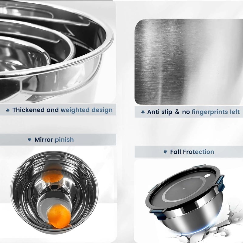 Azonee Mixing Bowls Set of 3, with Airtight Clear Lids, Thicker Stainless Steel Nesting Bowls for Cooking, Prepping, Baking, Serving, Food Storage, 5000ml, 3000ml, 1500ml - Image 5
