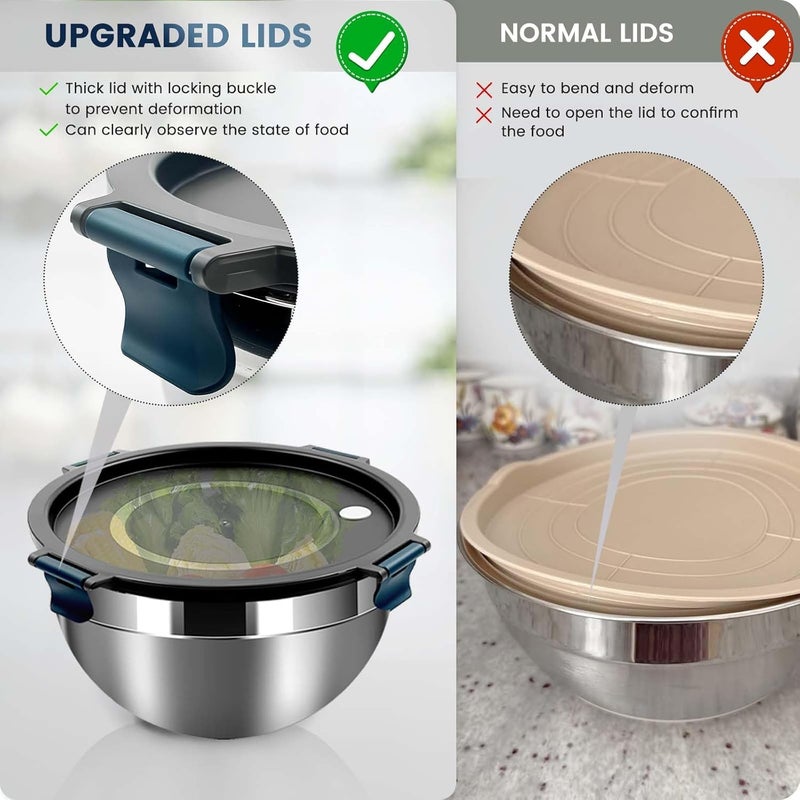 Azonee Mixing Bowls Set of 3, with Airtight Clear Lids, Thicker Stainless Steel Nesting Bowls for Cooking, Prepping, Baking, Serving, Food Storage, 5000ml, 3000ml, 1500ml - Image 2