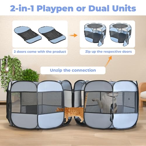 EighteenTek 2in1 Cat Playpens Detachable into 2 Separate Playpens with Additional 2 Doors Portable Dog Playpen Cat Tent Enclosure for Kitten and Puppy Indoor Outdoor UseM - Image 3