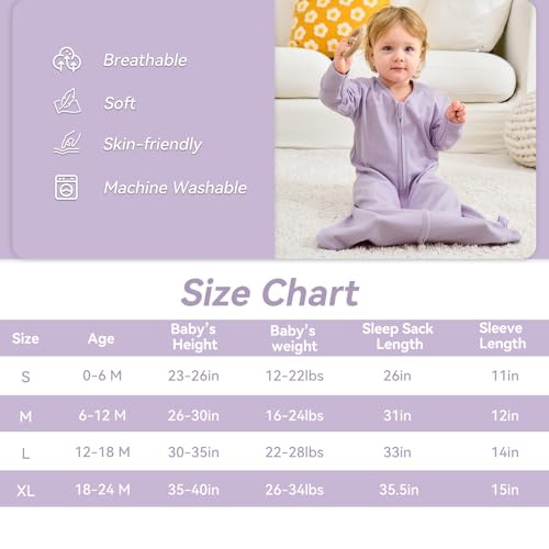 FIEMOL Baby Sleep Sack 0-6 Months, Long Sleeve Baby Wearable Blanket 0.5 Tog with Mittens, 2-Way Zipper Newborn Cotton Sleeping Sack for Boy and Girl Purple Butterfly 2 Pack (Small) - Image 4