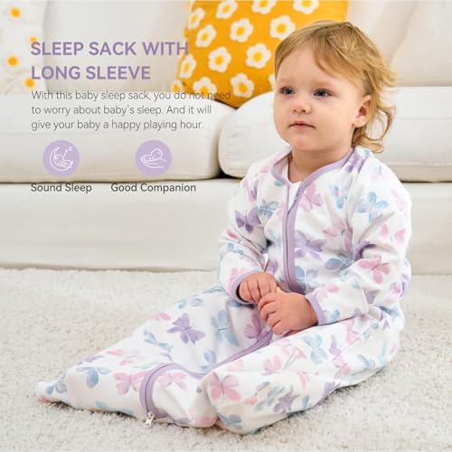 FIEMOL Baby Sleep Sack 0-6 Months, Long Sleeve Baby Wearable Blanket 0.5 Tog with Mittens, 2-Way Zipper Newborn Cotton Sleeping Sack for Boy and Girl Purple Butterfly 2 Pack (Small) - Image 2