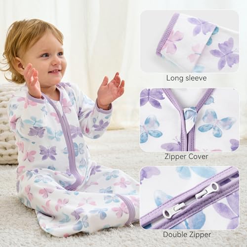 FIEMOL Baby Sleep Sack 0-6 Months, Long Sleeve Baby Wearable Blanket 0.5 Tog with Mittens, 2-Way Zipper Newborn Cotton Sleeping Sack for Boy and Girl Purple Butterfly 2 Pack (Small) - Image 3