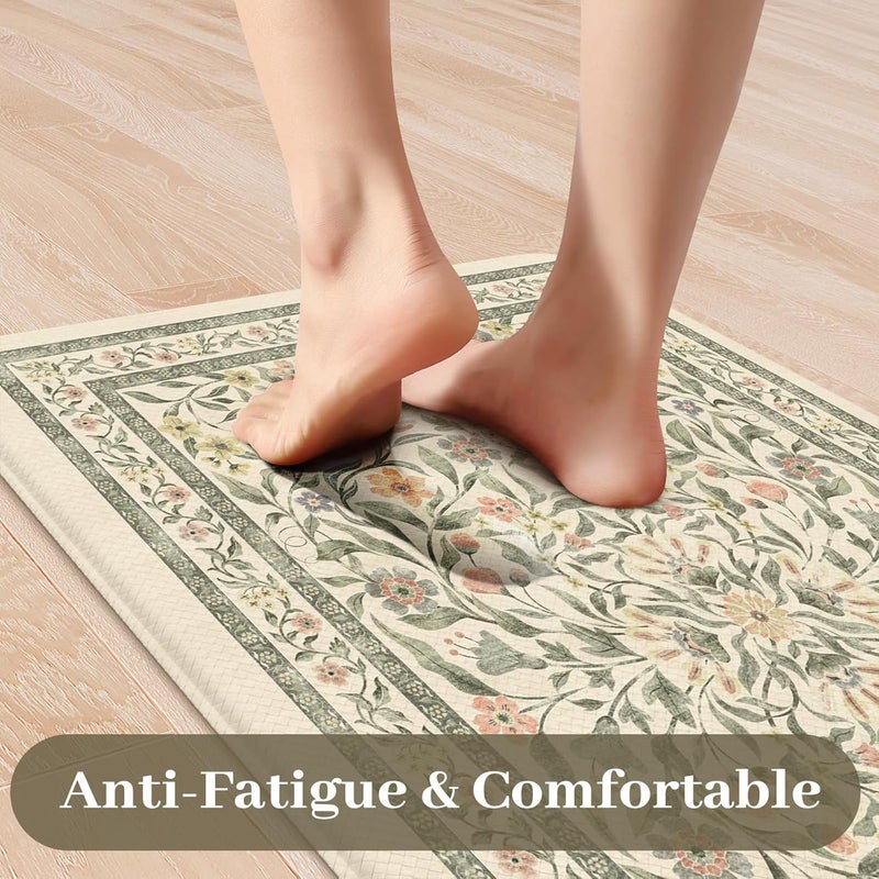 KIMODE Anti Fatigue Kitchen Mats for Floor, Boho Floral Kitchen Rugs Sets of 2, Cushioned Kitchen Floor Mats Non Slip, Comfort Rugs for Kitchen Floor Sink Laundry Desk Beige 17.3"x29"+17.3"x47" - Image 3