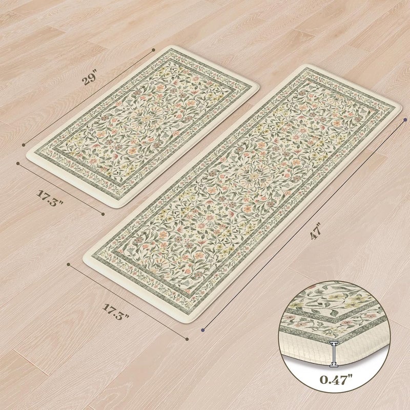 KIMODE Anti Fatigue Kitchen Mats for Floor, Boho Floral Kitchen Rugs Sets of 2, Cushioned Kitchen Floor Mats Non Slip, Comfort Rugs for Kitchen Floor Sink Laundry Desk Beige 17.3"x29"+17.3"x47" - Image 2