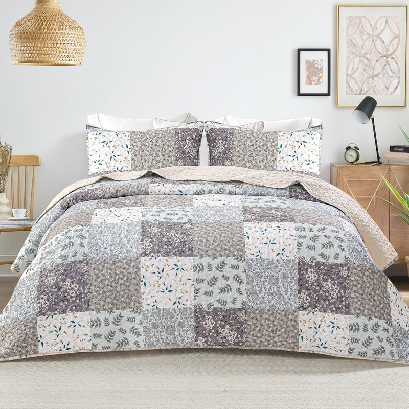 Whale Flotilla Whale Flotilla Reversible Patchwork Quilts Full Queen Size Lightweight Boho Printed Bedspreads Coverlets Quilt Bedding Set with 2 Pillow Shams for All Seasons Light Grey 
