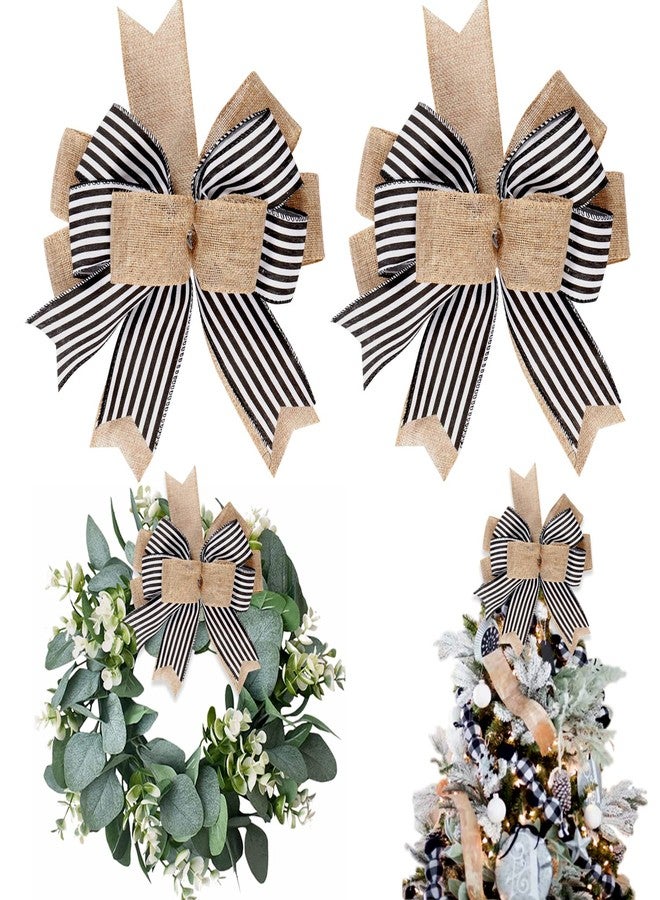 Hongsome 2 Pack Black White Stripe Burlap Fall Christmas Bows for Wreaths,12”x9.4”Rustic Farmhouse Crafts Bow for Gift Wrapping Tree Topper Wedding Holiday Wall Home Front Door Decorations - Image 1